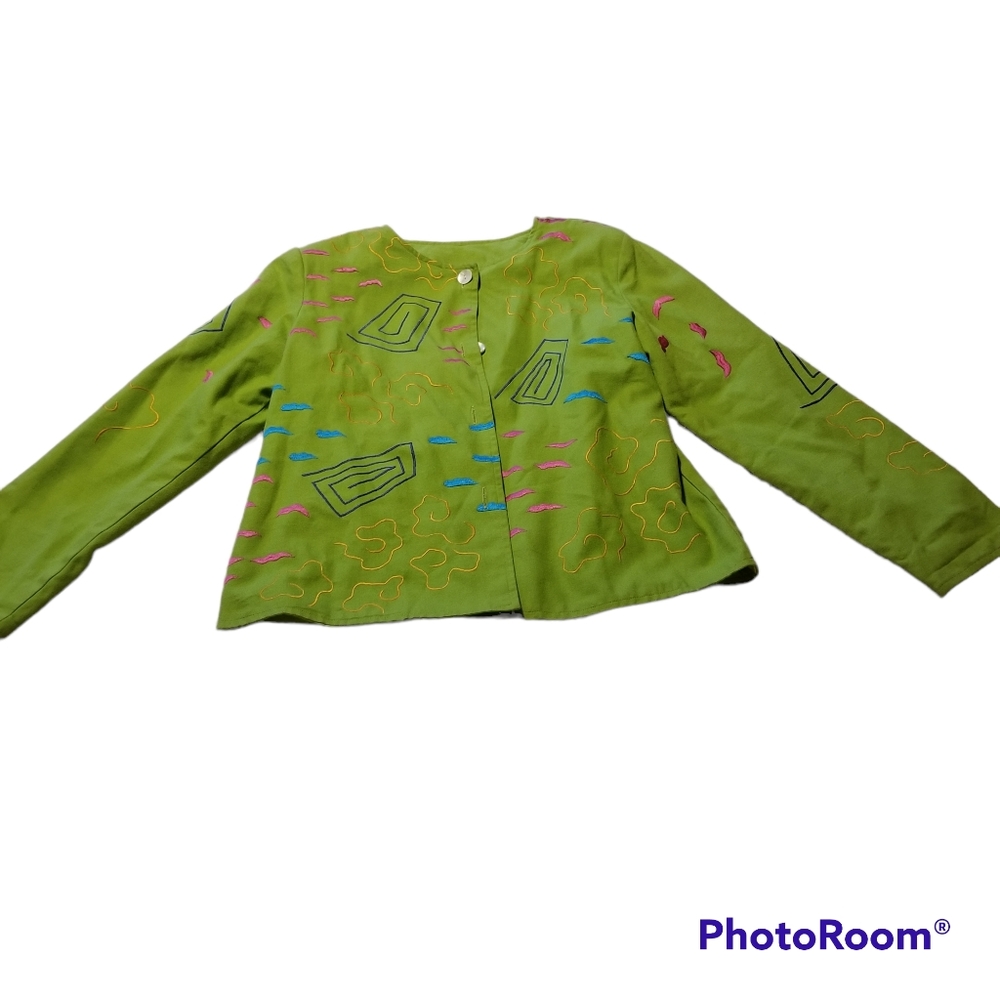 Vintage Alex Kim Jacket Artsy Green Size Small Art to Wear Retro Bright